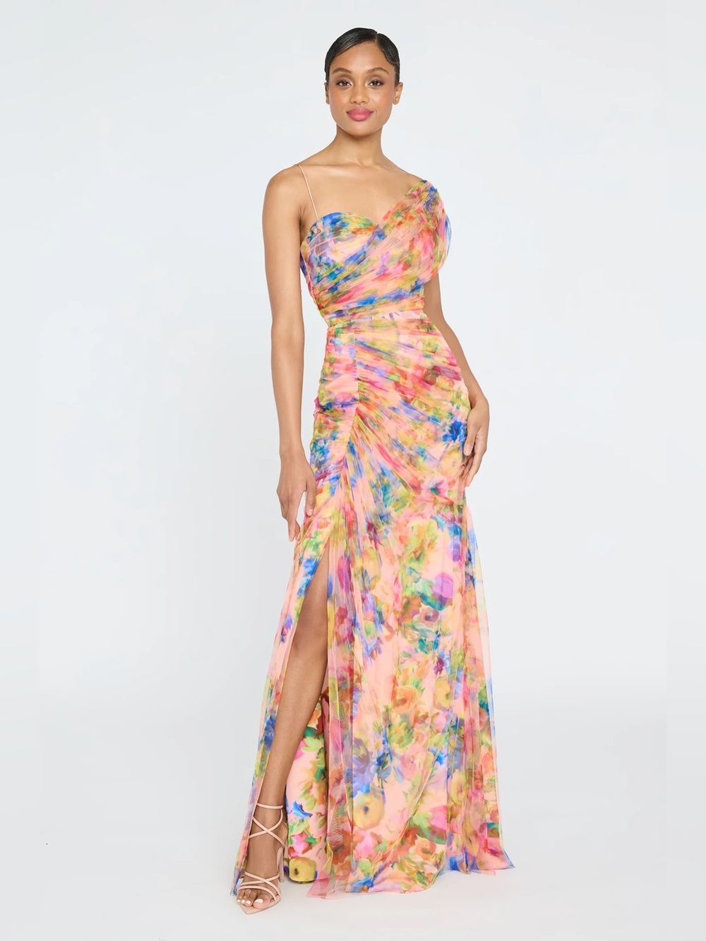 Theia Macie One-Shoulder Floral Print Evening Gown in Peach and Florals